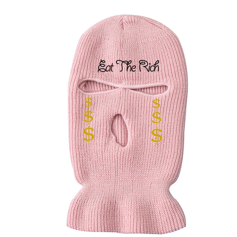 3Holes Winter Warm Unisex Balaclava Mask Hat Embroidery Full Face Mask Knitted Cycling Ski Snowboard Hat Cap Hip Hop Beanie Gift