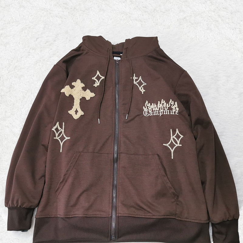 Goth Embroidery Hoodies Women High Street Harajuku Retro Hip Hop Zip Up Hoodie Loose Man Sweatshirt Hoodie Clothes Y2K Hoodie