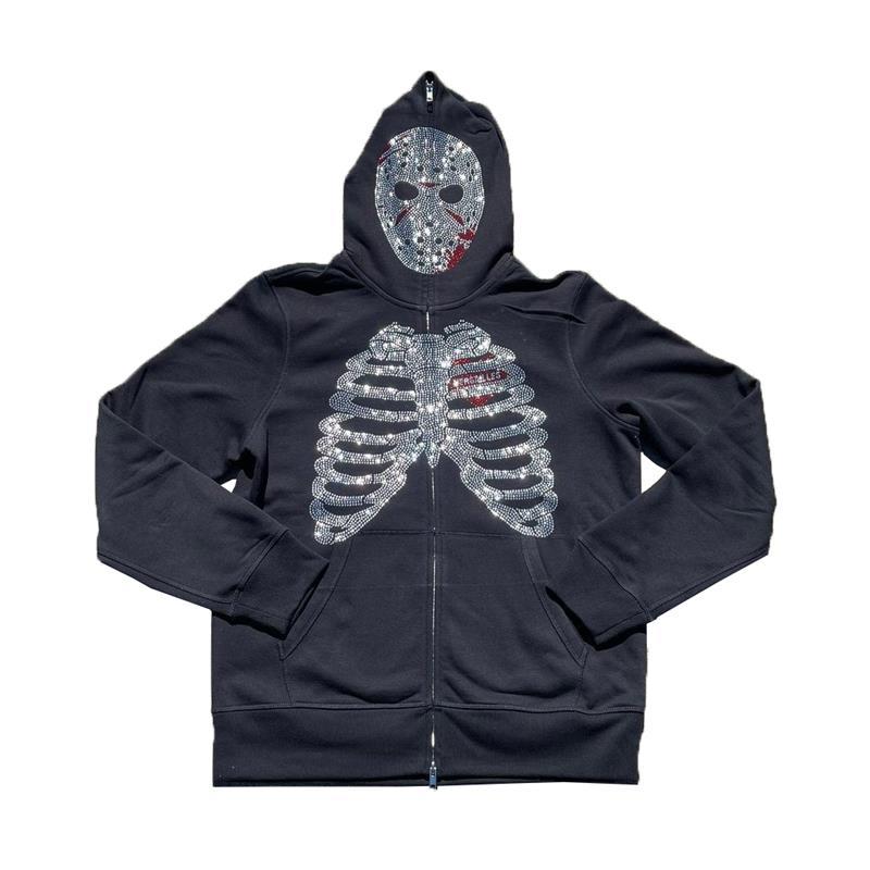 Men Y2K Full Zip Up Hoodie Gothic Streetwear Rhinestones Spider Web Jacket Coat Hip Hop Long Sleeve Oversized Hooded Sweatshirts
