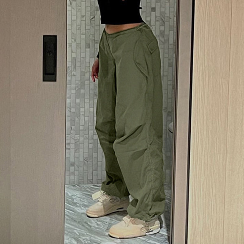 Women Casual Joggers Tech Pants Oversized Solid Low Waist Drawstring Baggy Trousers Y2K Fashion Wide Leg Cargo Pants Streetwear