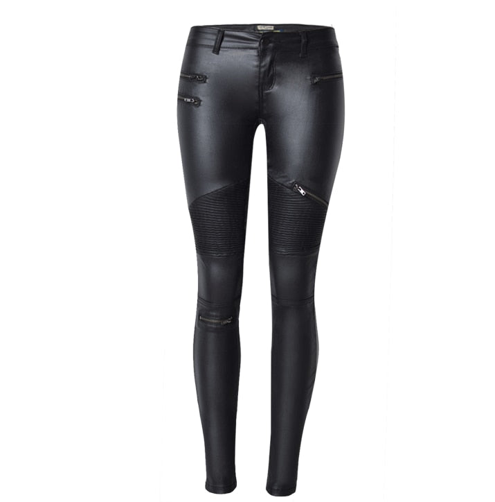 Low Waist Leather PU Pants Women Street Wear Fake Zippers White Cargo Slim Punk Push Up Fashion Skinny Elasticity Coated Jeans