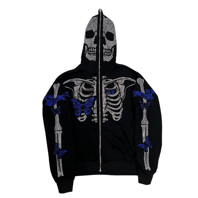 Men Y2K Full Zip Up Hoodie Gothic Streetwear Rhinestones Spider Web Jacket Coat Hip Hop Long Sleeve Oversized Hooded Sweatshirts