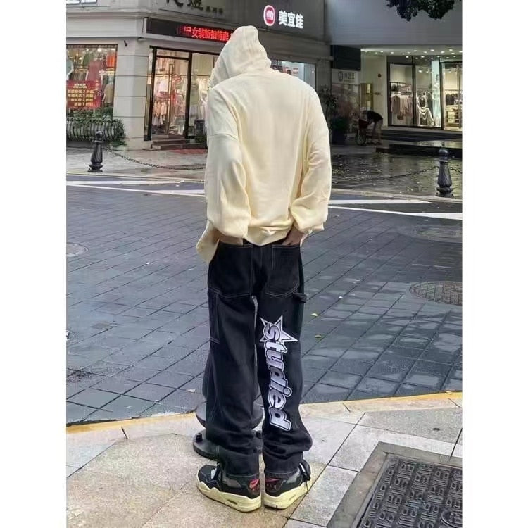 Y2K Retro Embroidered Denim Trousers Men's High Street Wide Leg Pants Street Loose Casual Jeans Letter Patch Pants Men's