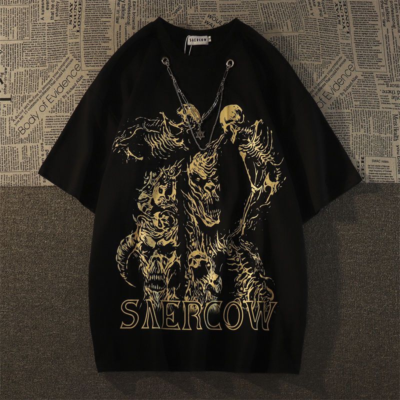 American style street dark skull style cotton short sleeved tshirt for men and women ins summer loose couple wear round neck top