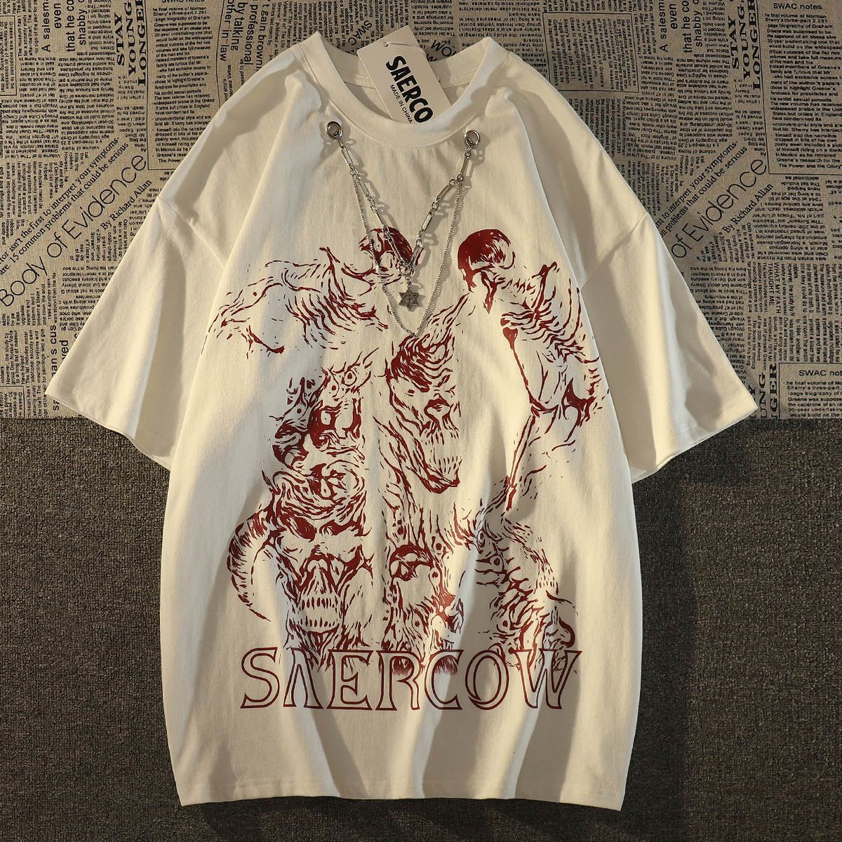 American style street dark skull style cotton short sleeved tshirt for men and women ins summer loose couple wear round neck top