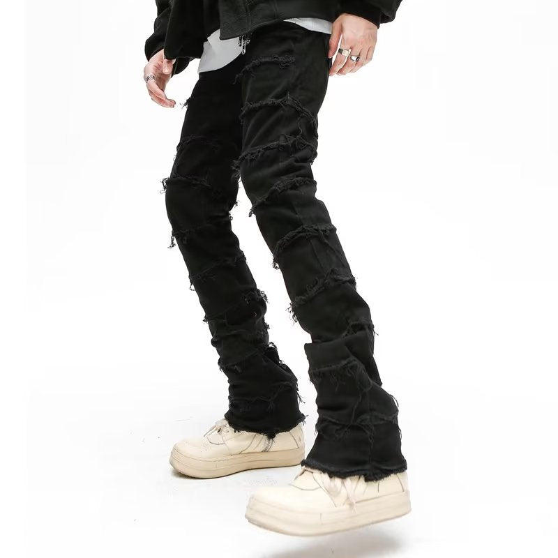 2023 Dark Streetwear Black Baggy Grunge Stacked Jeans Y2K Pants Men Patchwork Hip Hop Straight Denim Trousers Pantalones Hombre