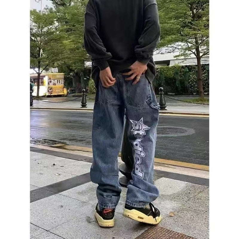 Y2K Retro Embroidered Denim Trousers Men's High Street Wide Leg Pants Street Loose Casual Jeans Letter Patch Pants Men's