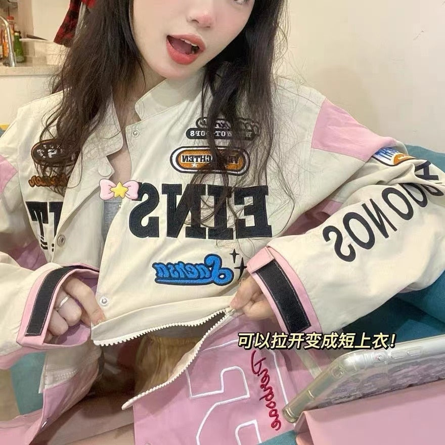 Windproof Hip Hop High Street All Match Racing Wear American Women's Oversize Detachable Biker Jackets Coats Couples 2022 New