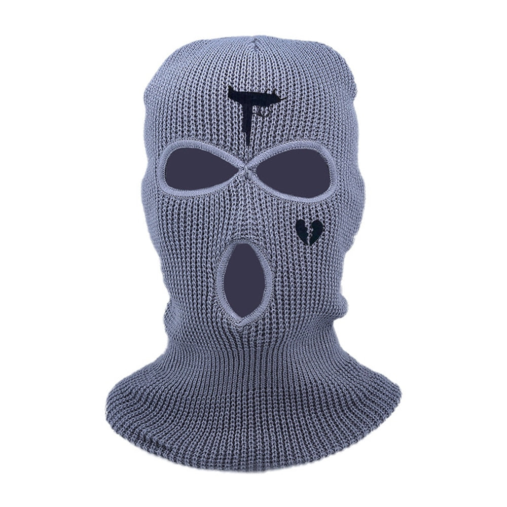 3Holes Winter Warm Unisex Balaclava Mask Hat Embroidery Full Face Mask Knitted Cycling Ski Snowboard Hat Cap Hip Hop Beanie Gift