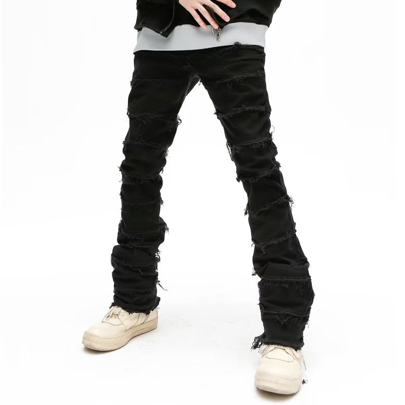 2023 Dark Streetwear Black Baggy Grunge Stacked Jeans Y2K Pants Men Patchwork Hip Hop Straight Denim Trousers Pantalones Hombre