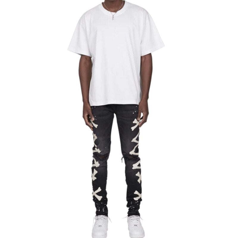 Ripped Jeans For Men Stretch Slim Printed Bones Skinny Pants Men Hip Hop Denim Trousers Streetwear Casual Stacked Jeans Blue