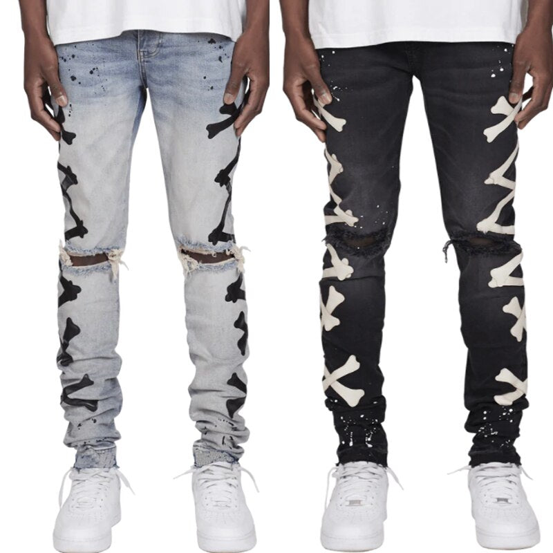 Ripped Jeans For Men Stretch Slim Printed Bones Skinny Pants Men Hip Hop Denim Trousers Streetwear Casual Stacked Jeans Blue