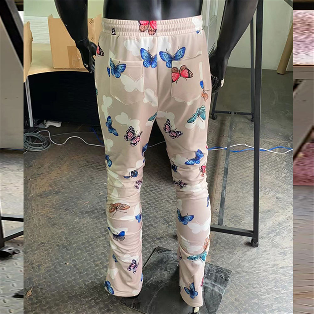 2023 Hip Hop Stacked Trousers Unisex Khaki Cargo Pants Butterfly Print Hippie Streetwear Plus Size 3XL Overalls