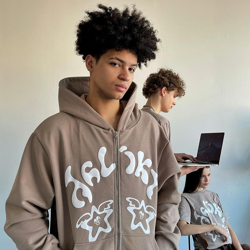 2022 Winter American Y2k High Street Red Black Hoodie Ironed Diamond Zip Up Cardigan Men Goth Couple Oversized Casual Sweatshirt