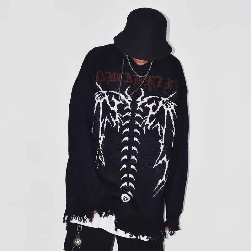 2022 Men Oversized Sweater Hip Hop Streetwear Knitted Jumper Sweaters Harajuku Bat Skeleton Print Gothic Pullover Couples Unisex