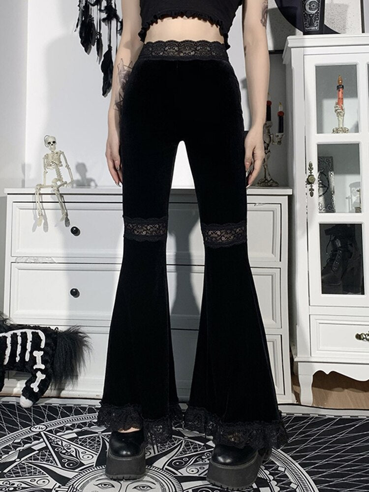 AltGoth Harajuku Punk Gothic Flare Pants Women Grunge Street Vintage Mall Goth Lace Patchwork Hollow Out Dark Black Velvet Pants