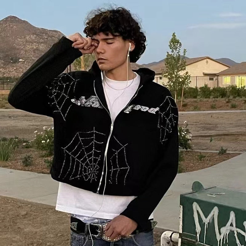 2022 Winter American Y2k High Street Red Black Hoodie Ironed Diamond Zip Up Cardigan Men Goth Couple Oversized Casual Sweatshirt