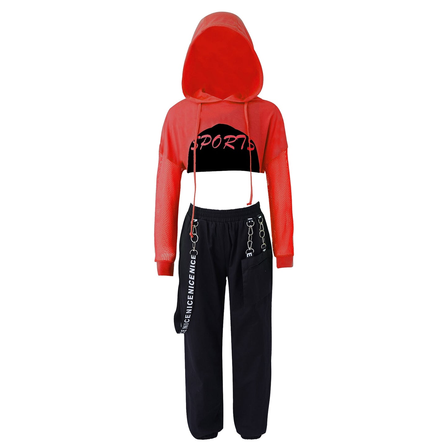Hip Hop Girls Clothing Jazz Costumes Kids Hooded Net Cover Up Tops With Crop Vest And Pants Sports Set Modern Dance Street Wear