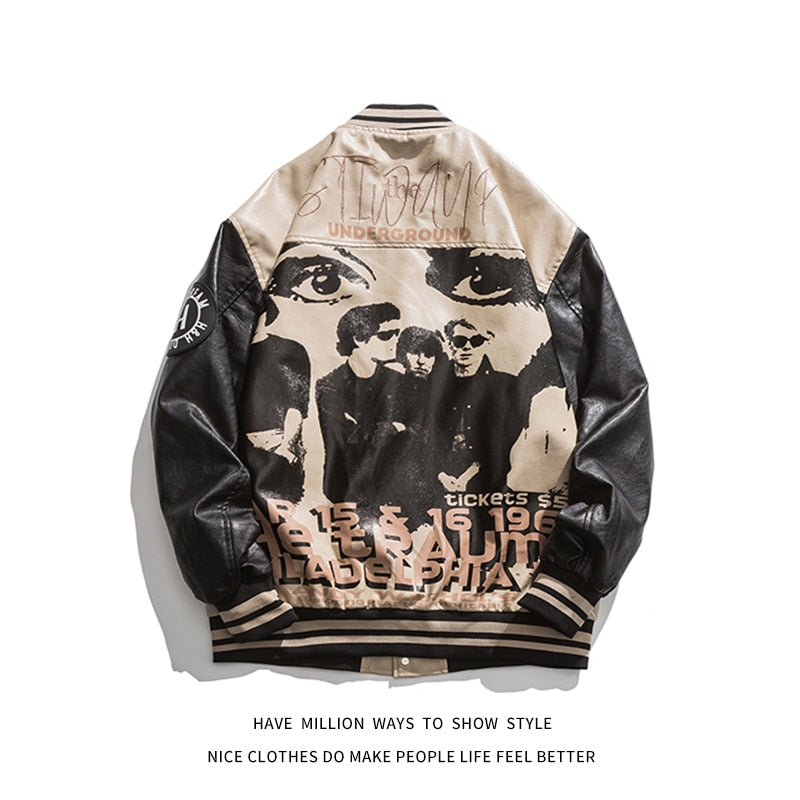 Beyzbol deri ceket erkekler portre mektubu Embroid motosiklet PU ceket erkek boy Varsity Vintage bombacı ceket Unisex yeni