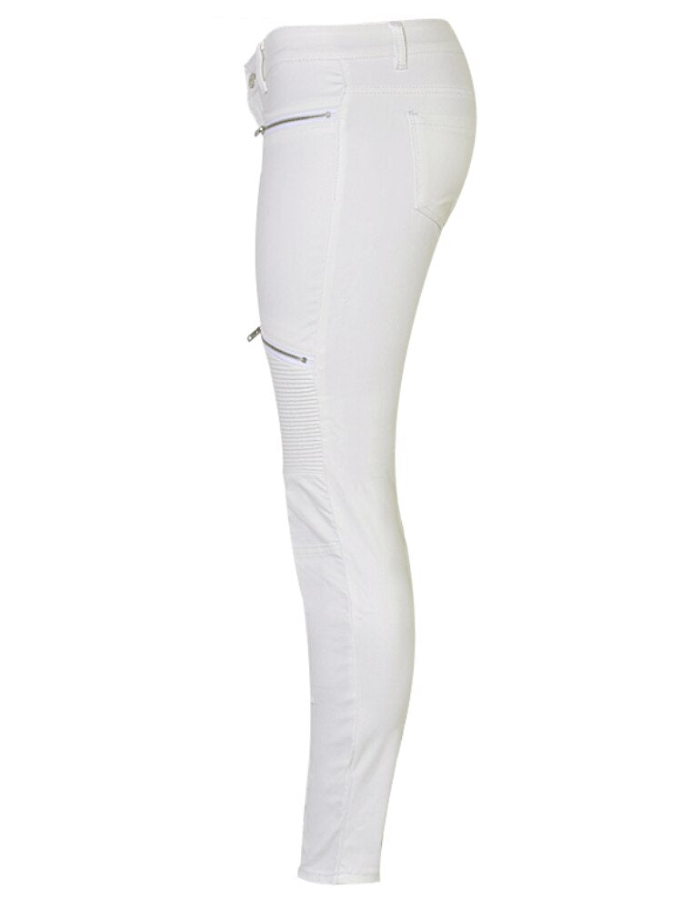Low Waist Leather PU Pants Women Street Wear Fake Zippers White Cargo Slim Punk Push Up Fashion Skinny Elasticity Coated Jeans