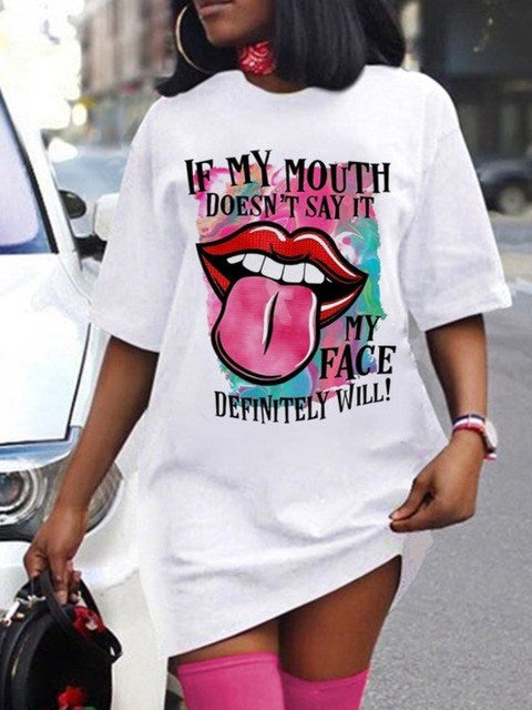 LW Plus Size Women Short Dress Casual O Neck Lip Print Black Mini T-shirt Dress Loose Sexy Mini Dress Robe Camiseta Vestidos