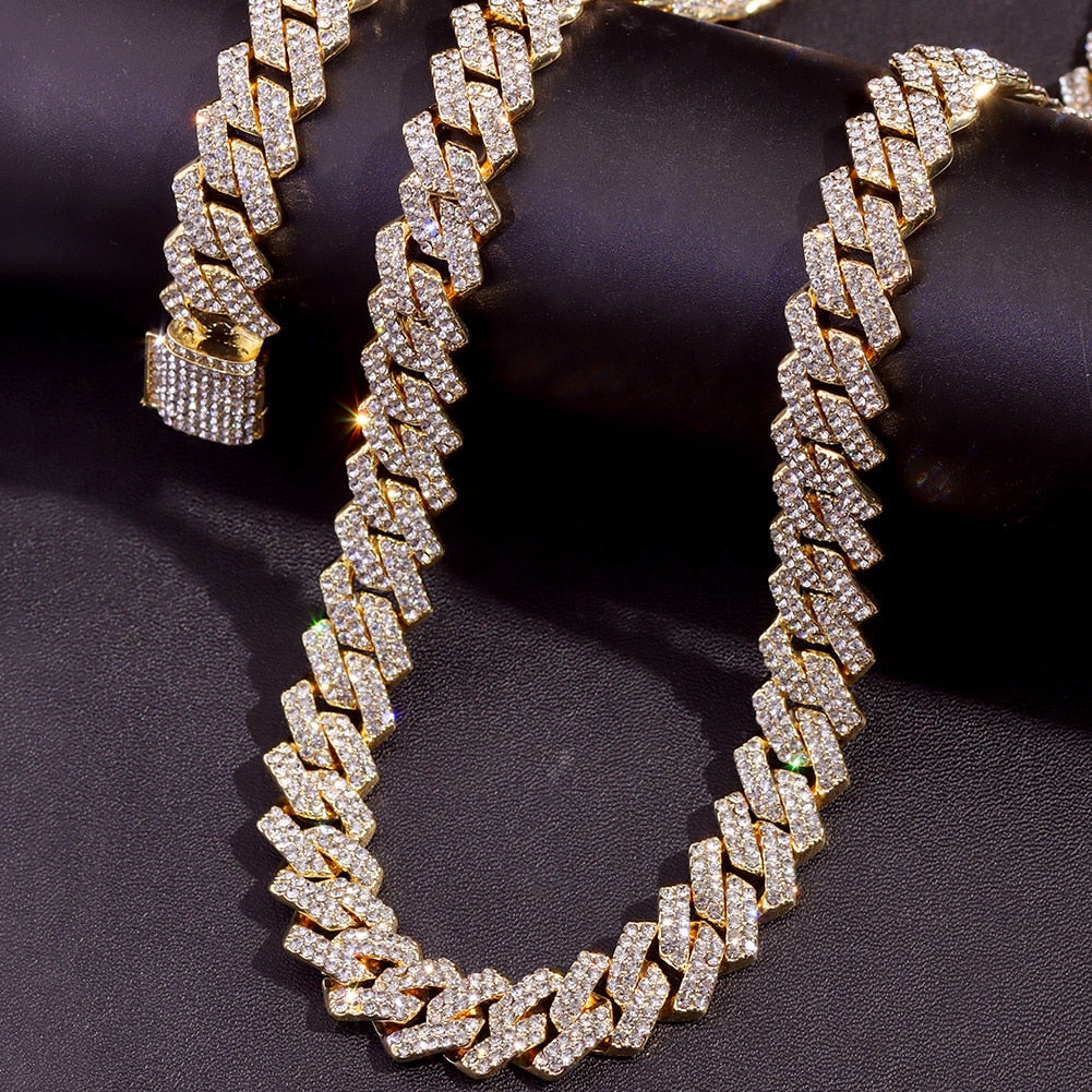 Hip Hop 14MM Prong Cuban Link Chain Necklace & Bracelet Iced Out Bling Cuban Chain Rhinestone Chains For Men Punk Rapper Jewelry