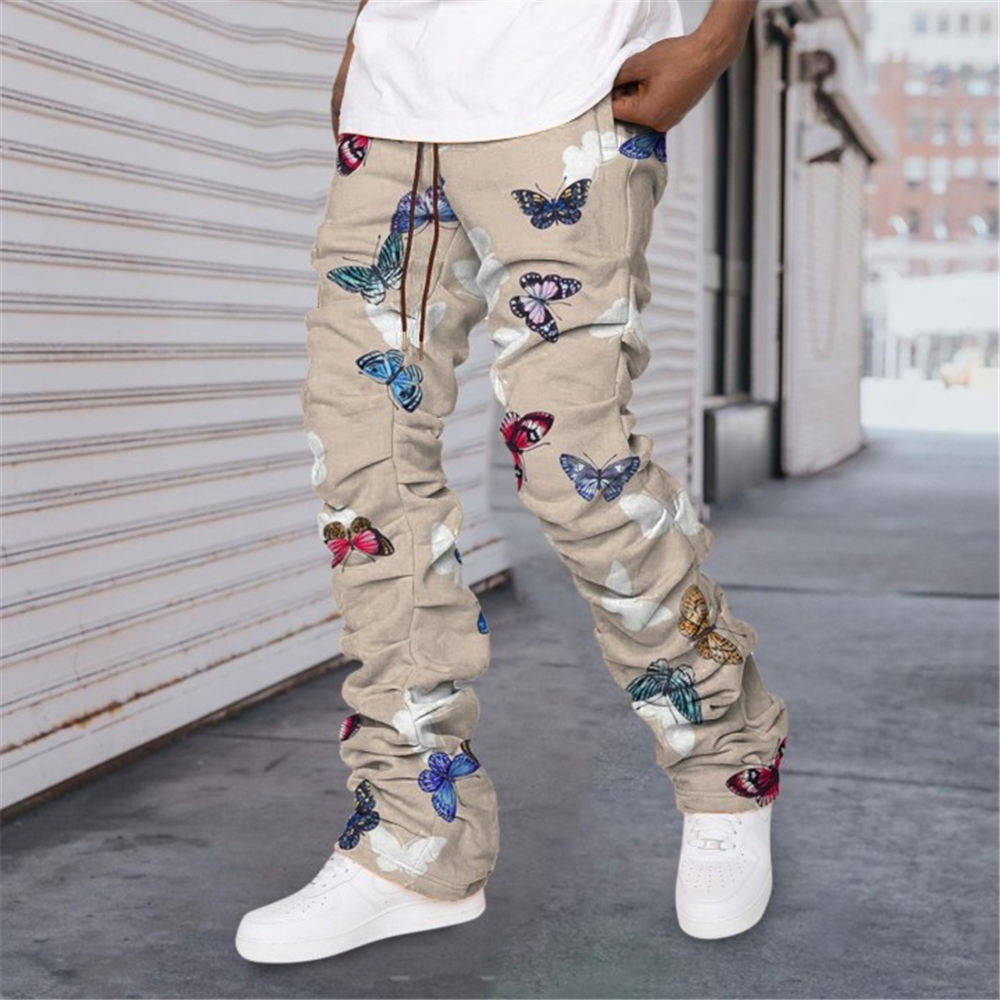 2023 Hip Hop Stacked Trousers Unisex Khaki Cargo Pants Butterfly Print Hippie Streetwear Plus Size 3XL Overalls