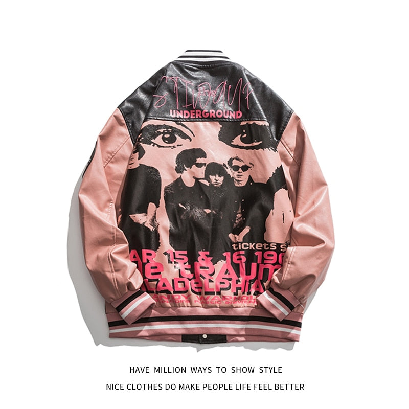Beyzbol deri ceket erkekler portre mektubu Embroid motosiklet PU ceket erkek boy Varsity Vintage bombacı ceket Unisex yeni