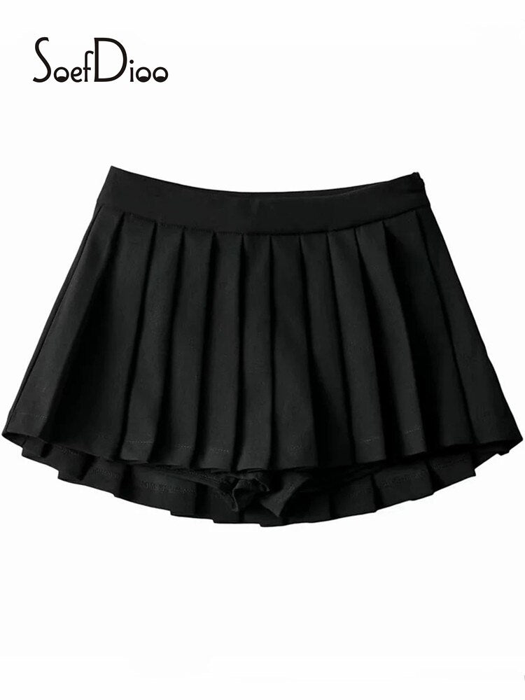 Soefdioo Women Fashion Pleated Shorts Skirts Vintage High Waist Side Zipper Skort Autumn 2022 Female Bottoms High Street Wear