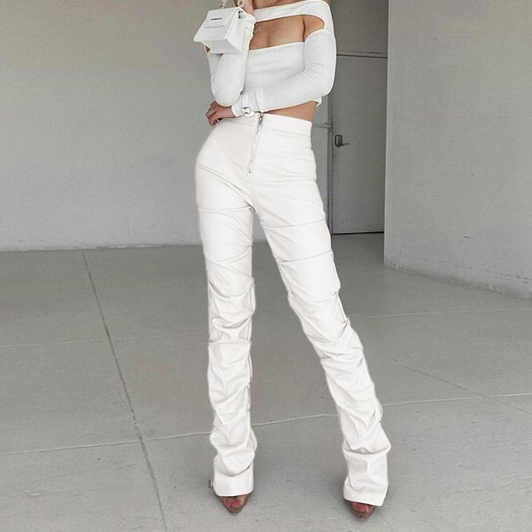 JusaHy Faux PU Leather Pleated High Waist Black Stacked Pant Women Slim Hipster Street Style Long Trousers Hot Sale Trend Female