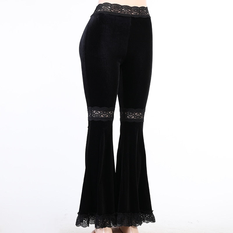 AltGoth Harajuku Punk Gothic Flare Pants Women Grunge Street Vintage Mall Goth Lace Patchwork Hollow Out Dark Black Velvet Pants