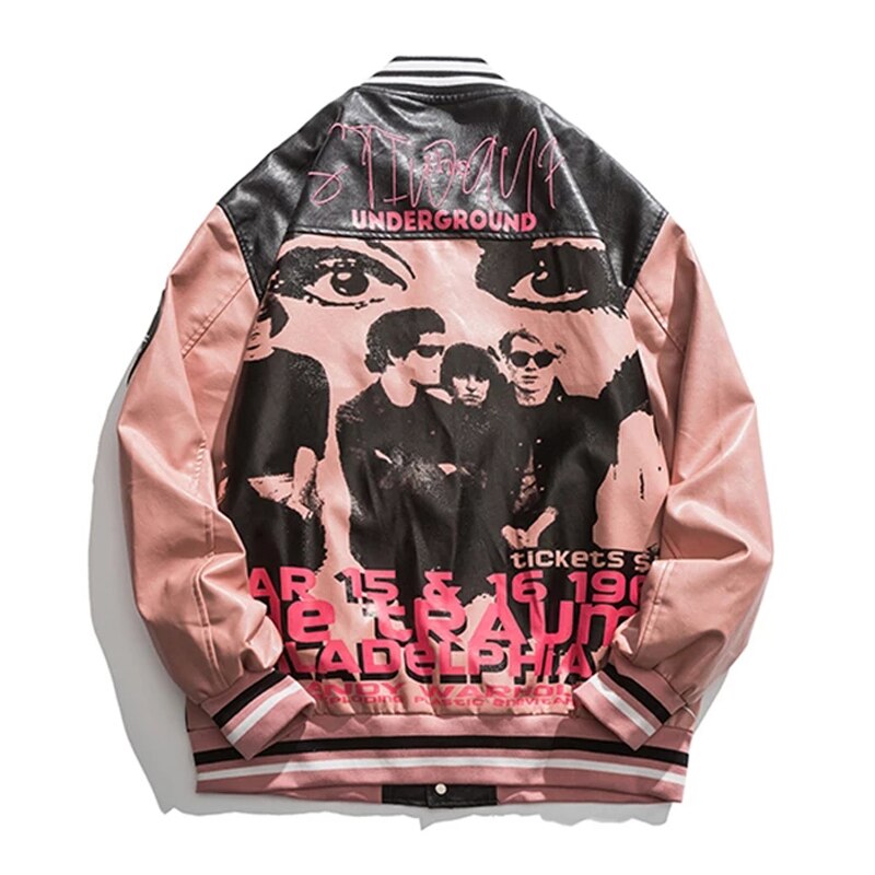 Beyzbol deri ceket erkekler portre mektubu Embroid motosiklet PU ceket erkek boy Varsity Vintage bombacı ceket Unisex yeni