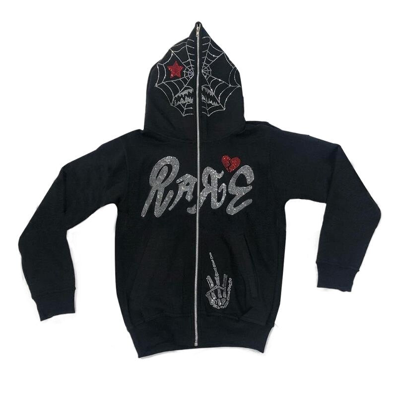 Men Y2K Full Zip Up Hoodie Gothic Streetwear Rhinestones Spider Web Jacket Coat Hip Hop Long Sleeve Oversized Hooded Sweatshirts