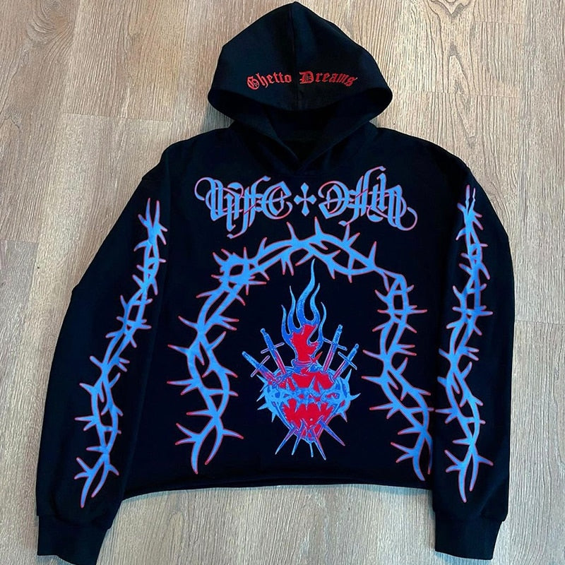 2022 Winter American Y2k High Street Red Black Hoodie Ironed Diamond Zip Up Cardigan Men Goth Couple Oversized Casual Sweatshirt