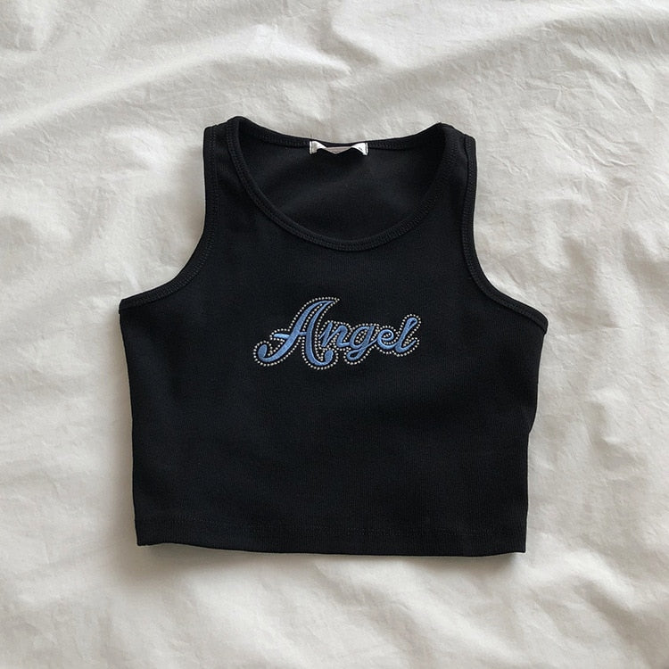 Embroidered Letters High Waist Crop Top Women Breathable Camisole Ribbed Solid Color Streetwear Y2K Gyaru Clothing Tank Top