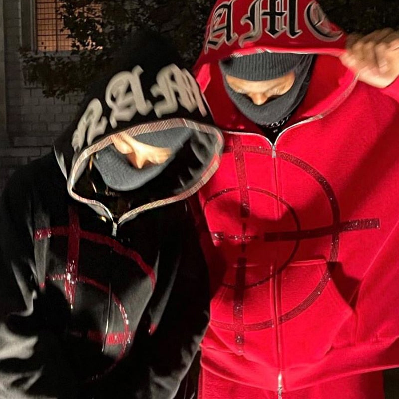 2022 Winter American Y2k High Street Red Black Hoodie Ironed Diamond Zip Up Cardigan Men Goth Couple Oversized Casual Sweatshirt