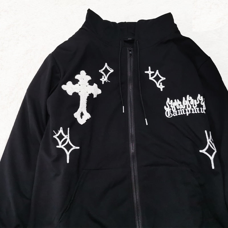 Goth Embroidery Hoodies Women High Street Harajuku Retro Hip Hop Zip Up Hoodie Loose Man Sweatshirt Hoodie Clothes Y2K Hoodie