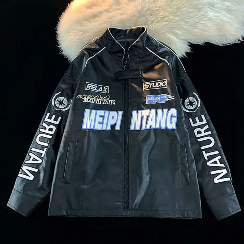 Retro Streetwear Motorcycle Baseball Jackets Mens Harajuku Letter Embroidery Patchwork Coats Casual Loose Varsity Jacket Unisex
