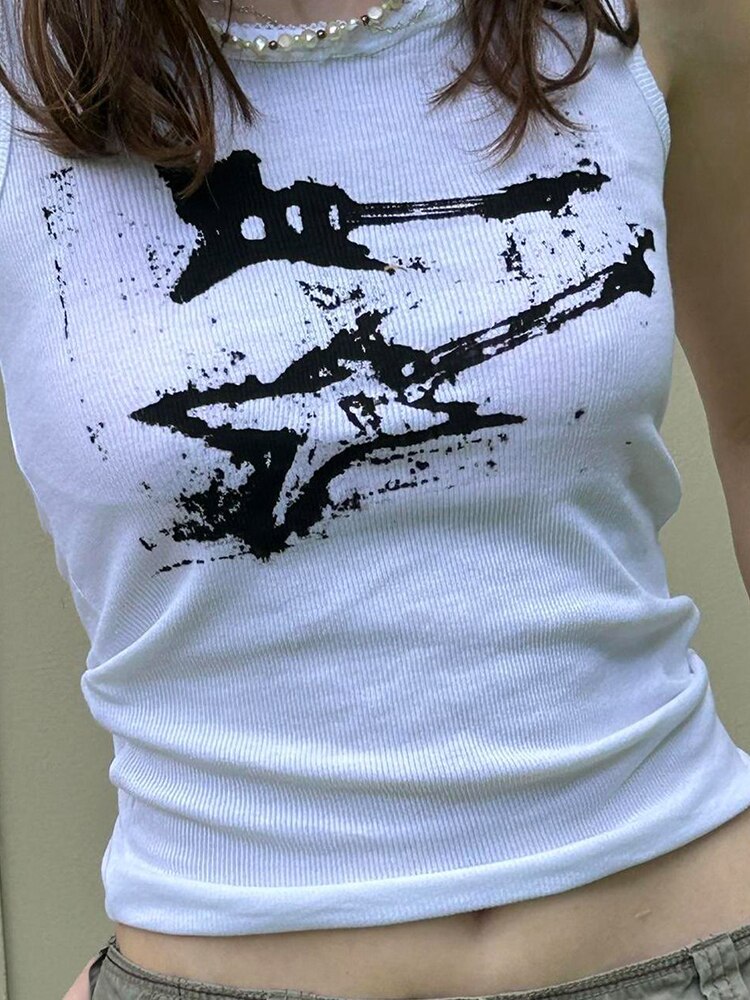 HEYounGIRL Guitar Print Sleeveless Tank Top Y2K Casual Ribbed Women Grunge Crop Top Harajuku Fashion Vest Tee 90s Street Outfits