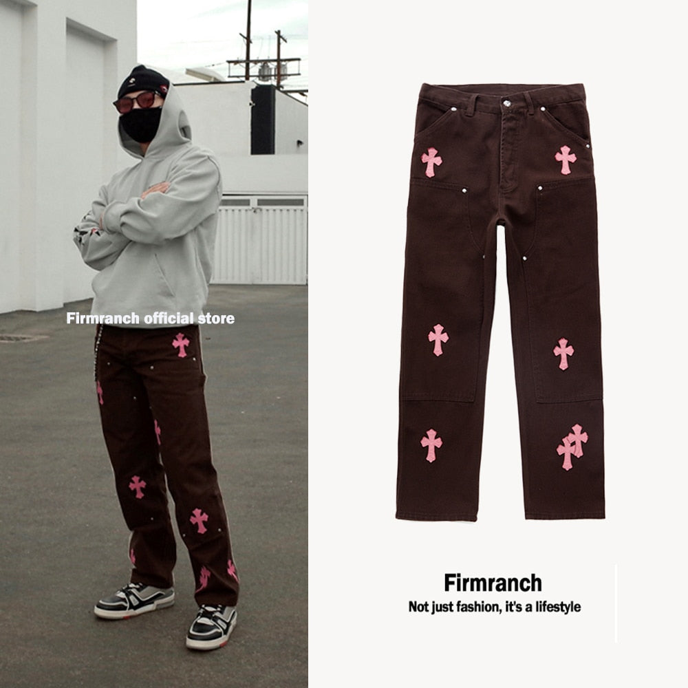 Firmranch New Leather Pink Cross Jeans For Men/Women 2023 High Street Jeans Brown Straight Stacked Jeans Denim Moto