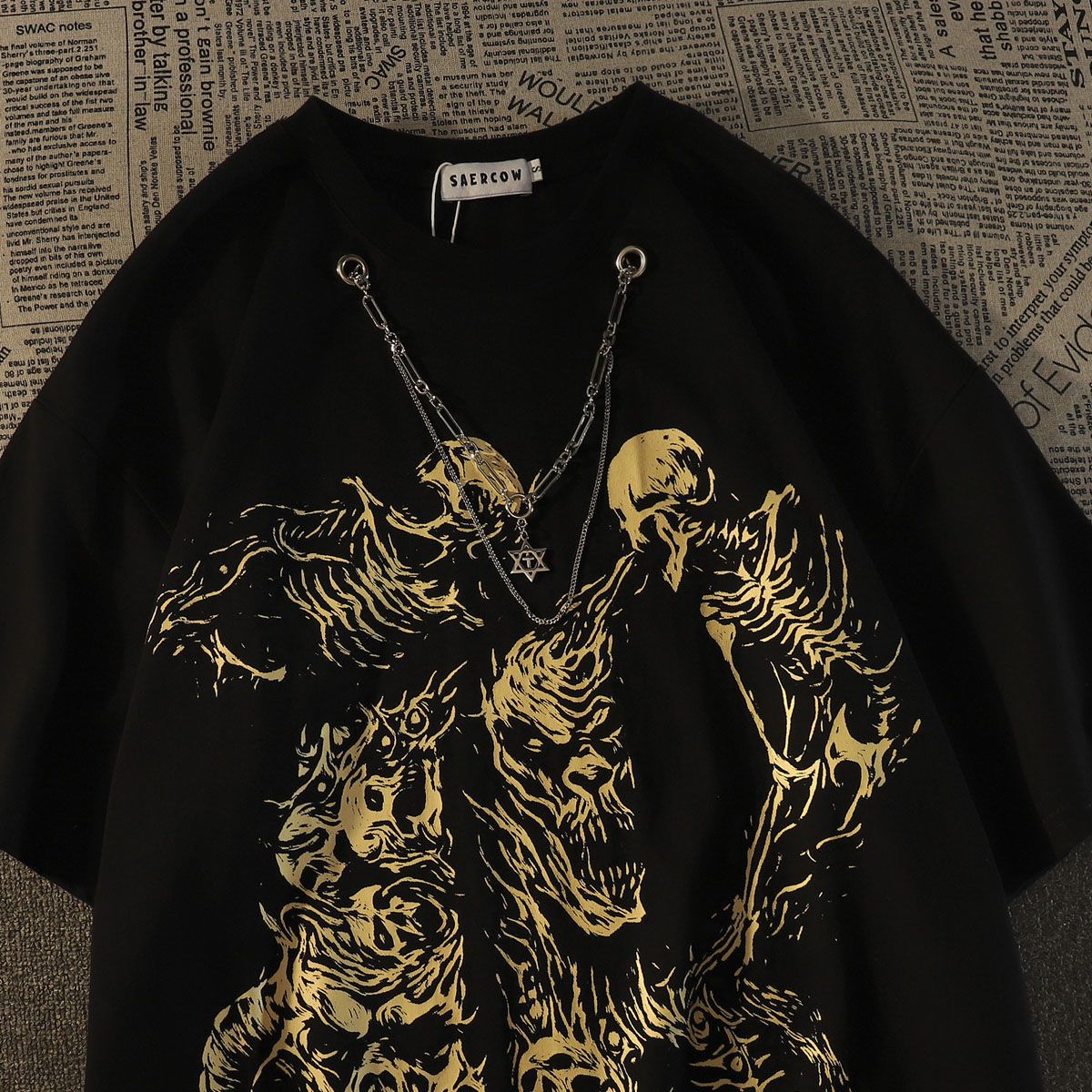 American style street dark skull style cotton short sleeved tshirt for men and women ins summer loose couple wear round neck top