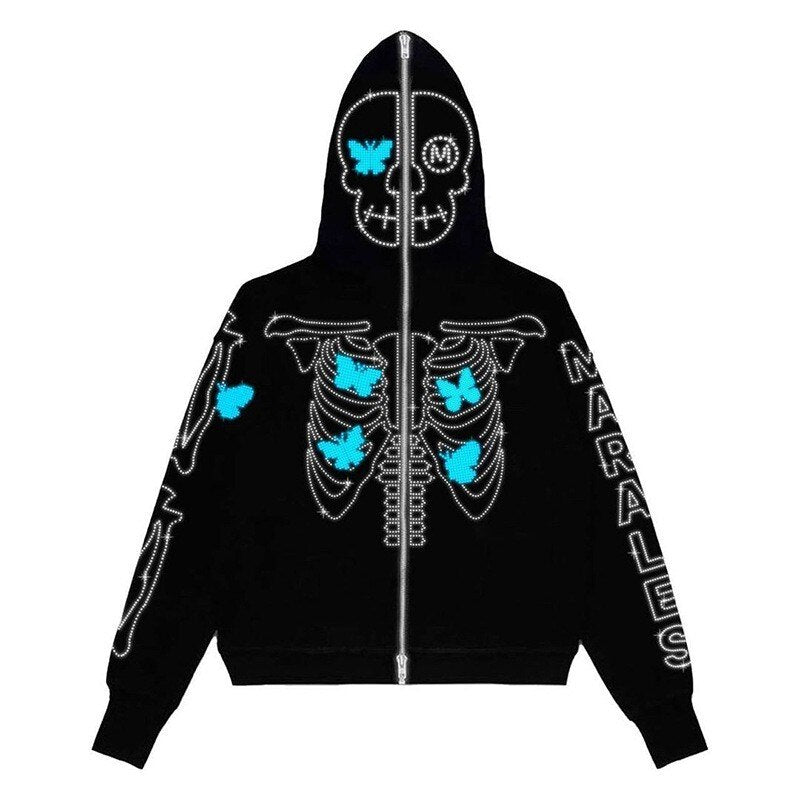 Men Y2K Full Zip Up Hoodie Gothic Streetwear Rhinestones Spider Web Jacket Coat Hip Hop Long Sleeve Oversized Hooded Sweatshirts