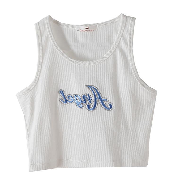 Embroidered Letters High Waist Crop Top Women Breathable Camisole Ribbed Solid Color Streetwear Y2K Gyaru Clothing Tank Top
