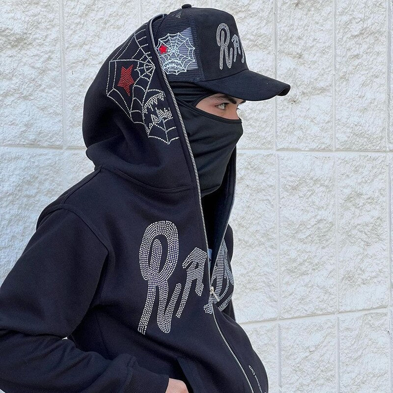Men Y2K Full Zip Up Hoodie Gothic Streetwear Rhinestones Spider Web Jacket Coat Hip Hop Long Sleeve Oversized Hooded Sweatshirts