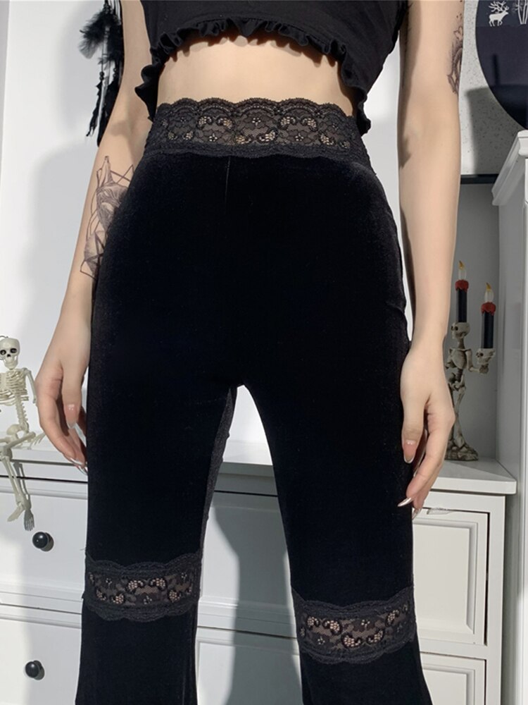 AltGoth Harajuku Punk Gothic Flare Pants Women Grunge Street Vintage Mall Goth Lace Patchwork Hollow Out Dark Black Velvet Pants