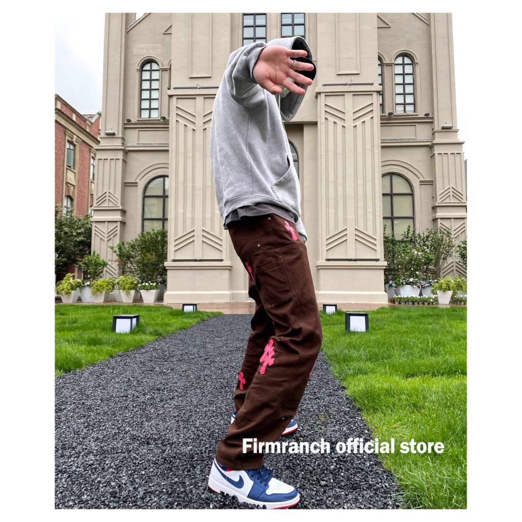 Firmranch New Leather Pink Cross Jeans For Men/Women 2023 High Street Jeans Brown Straight Stacked Jeans Denim Moto