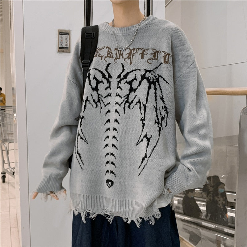 2022 Men Oversized Sweater Hip Hop Streetwear Knitted Jumper Sweaters Harajuku Bat Skeleton Print Gothic Pullover Couples Unisex