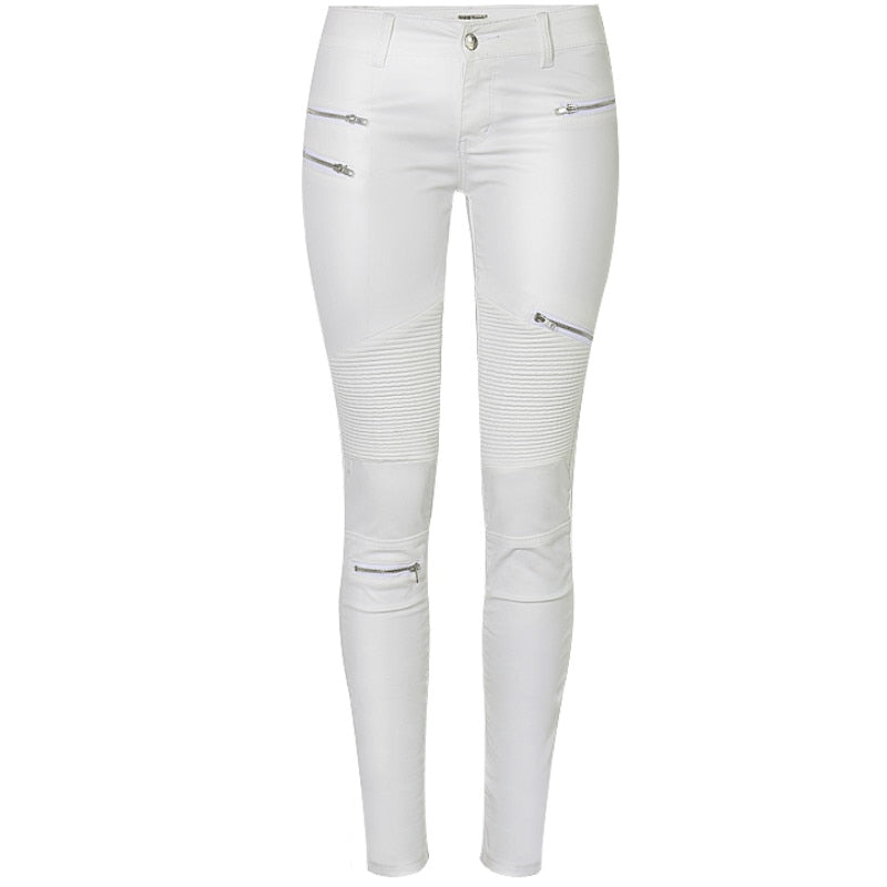 Low Waist Leather PU Pants Women Street Wear Fake Zippers White Cargo Slim Punk Push Up Fashion Skinny Elasticity Coated Jeans