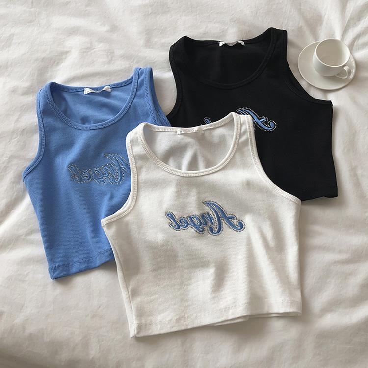 Embroidered Letters High Waist Crop Top Women Breathable Camisole Ribbed Solid Color Streetwear Y2K Gyaru Clothing Tank Top