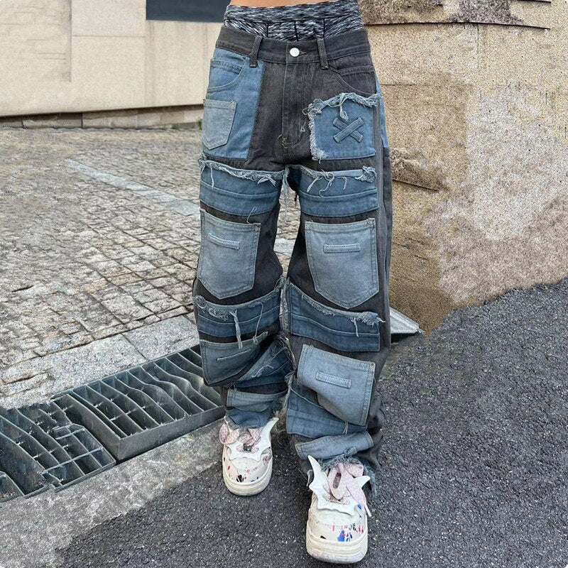 2023 Cyber Y2K Streetwear Baggy Stacked Jeans Pants Men Clothing Straight Punk Multiple Pockets Denim Trousers Vetements Homme